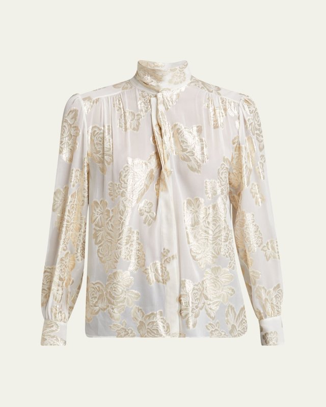 Metallic Floral Silk Scarf-Neck Top